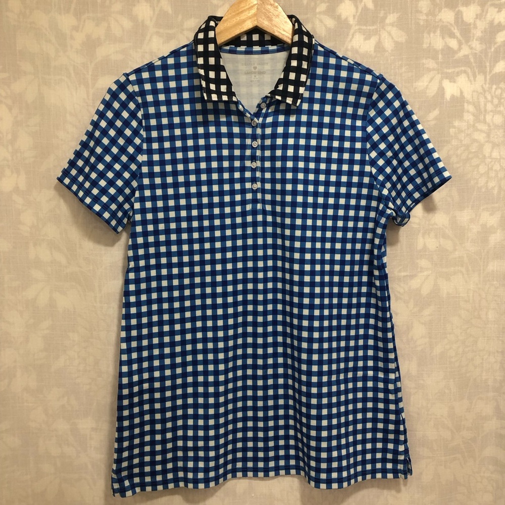 Women’s Lands End Draper James Blue White Checkered Summer Polo Golf Active Top